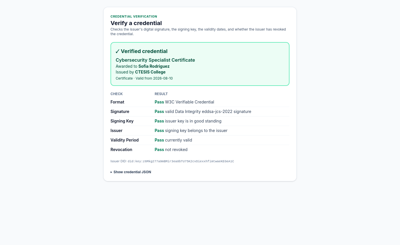 Ctesis public credential verification page showing all checks passed