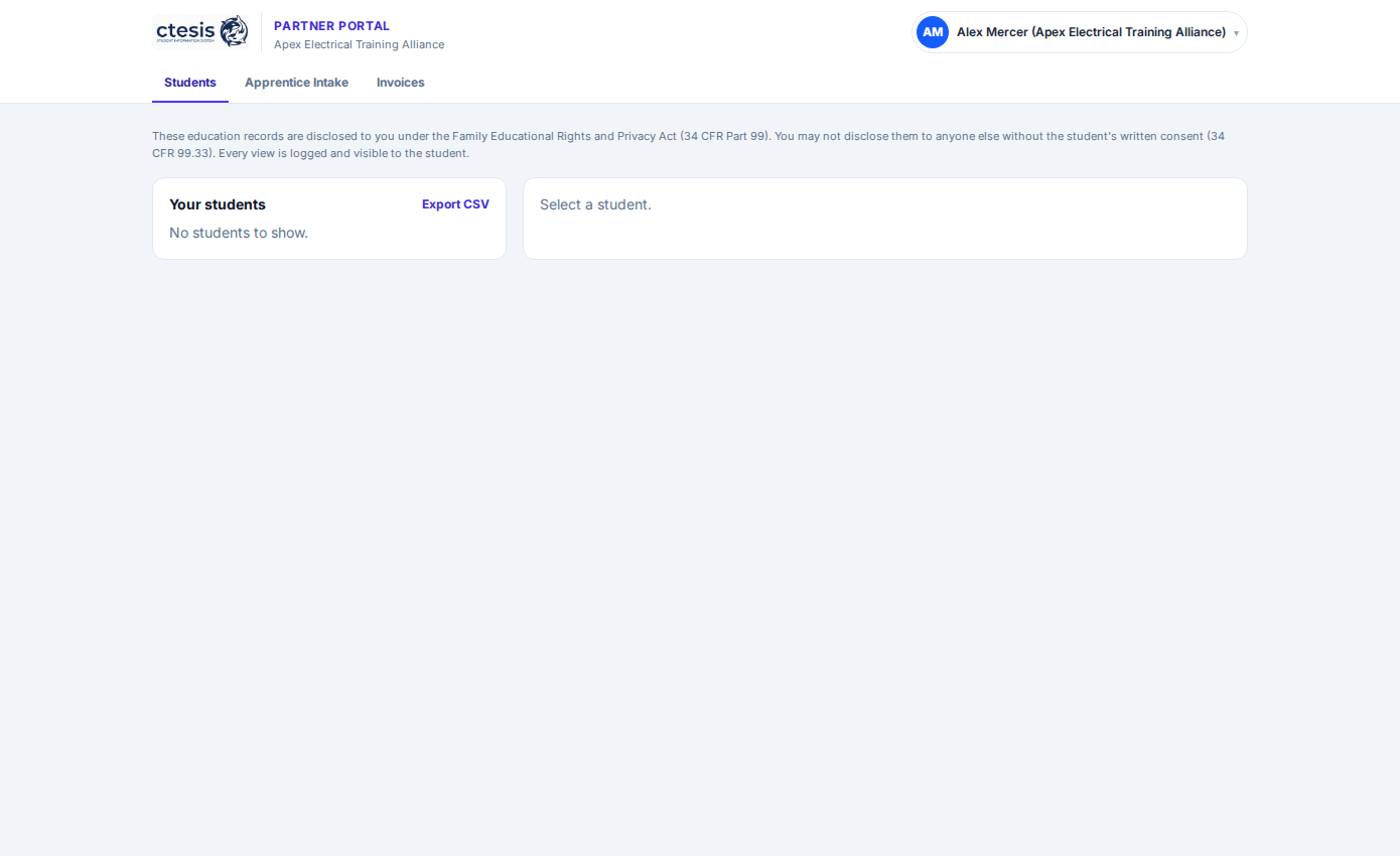 Ctesis Partner Portal showing apprenticeship sponsor cohort roster and apprentice review