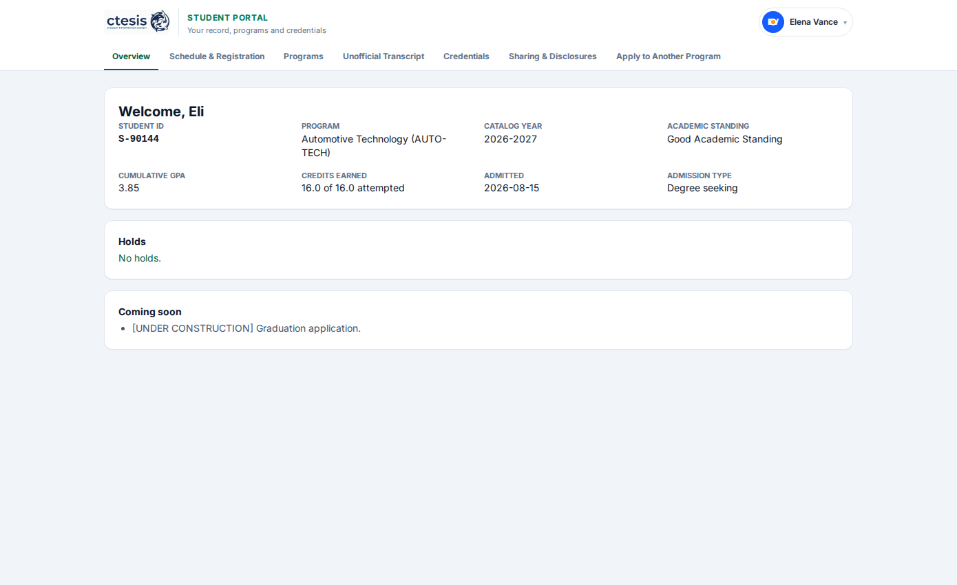 Ctesis Student Portal showing student schedule, degree progress, and self-service registration