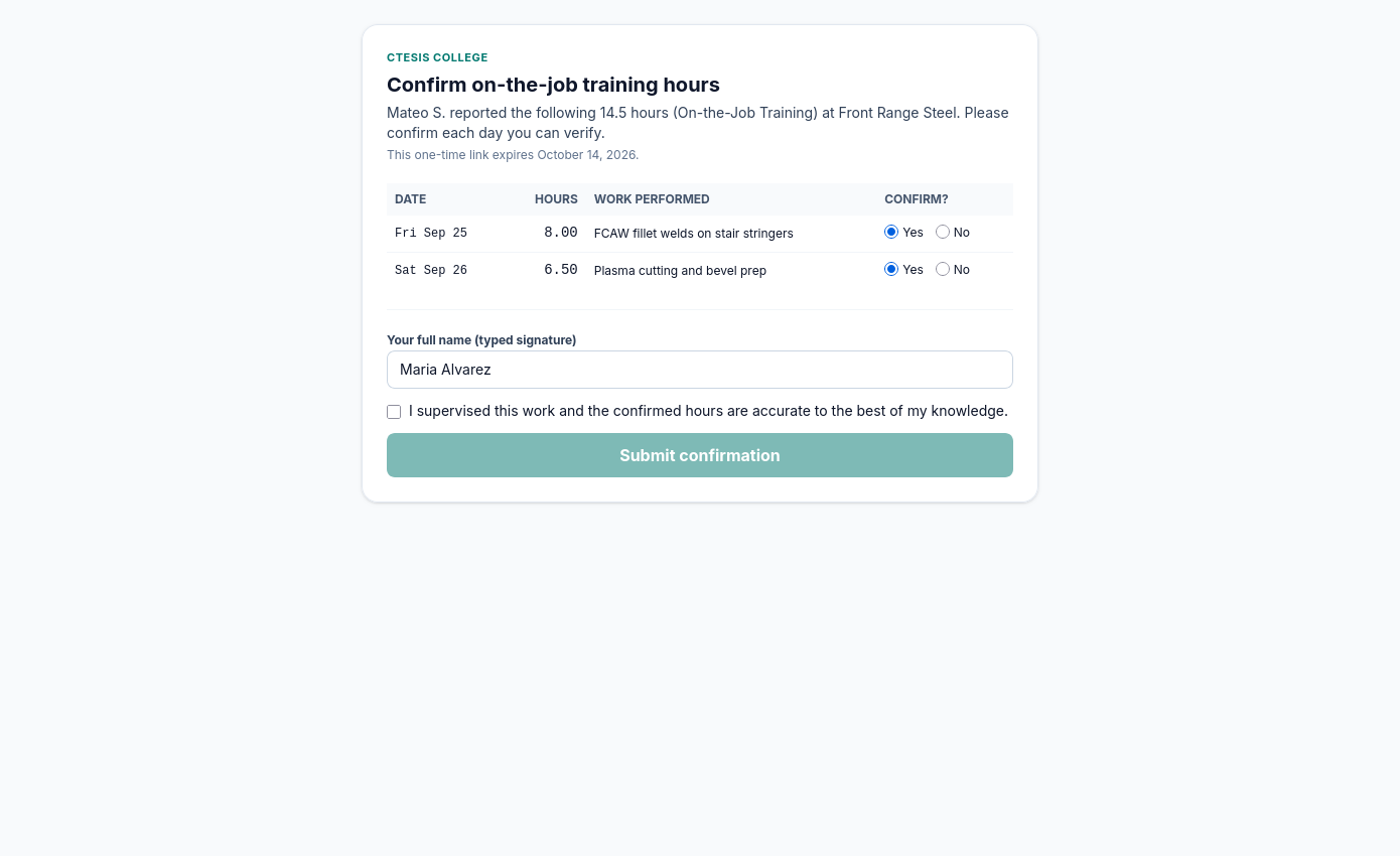 Ctesis supervisor confirmation page listing OJT hours to confirm